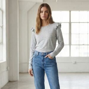 FRAME Denim Ruffle Shoulders Crew Blouse Heather Gray Size Medium